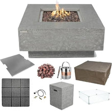 Elementi Manhattan Gas Fire Pit Bundle Concrete Fire Table, Outdoor Fire Pit Electronic Ignition | Canvas Cover, Lava Rock Included | Free AMS Wind Guard | Light Gray (Propane Gas)