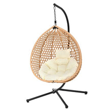 Hanging Egg Swing Chair Stand, Foldable Woven HDPE Basket Seat, Plush Removable Polyester Cushion, Rust-Resistant Chain, Reinforced Iron Base, Non-Slip PP Pads, Indoor Outdoor Lounger (Brown+Beige)