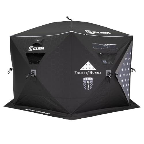 CLAM Thermal Ice Shelter 6 Person Insulated Winter Fishing Hub Tent X-600 Portable Popup Heated Camping House Black Ice Ops