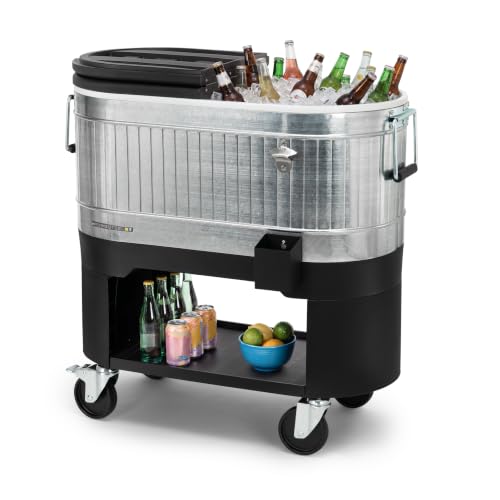 Permasteel 120-Qt Rolling Ice Chest, Portable Patio Party Bar Drink Cooler Cart with Wheels, Drink Dividers - Perfect for Outdoor or Indoor Entertaining, and Parties, Galvanized Steel