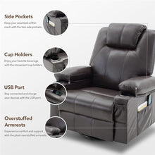Power Recliner Chair for Elderly with Vibration Massage and Heat, Swivel Rocker Recliner with Side Pocket, Comfortable Ergonomic Lounge Chair for Living Room, Brown