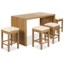 YOPTO 5 Piece Outdoor Bar Set, Patio Acacia Wood Bar Height Table & Four Stools with Cushions, Wood Dining Bar Set for Backyard, Poolside, Balcony, Beige
