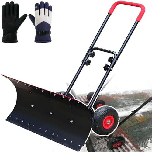 Winter Snow Shovel with Wheels - Outdoor Snow Pusher Shovel - Push Snow Snowplow, Anti-Slip Tires, Double Lever Handle, Adjustable Snow and Ice Removal
