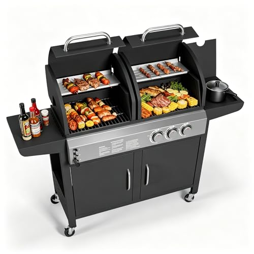 Charcoal and Propane Gas Grill Combo with Side Burner & Porcelain-Enameled Cast Iron Grate, 24,000 BTU Dual Fuel BBQ Grill for Backyard, Outdoor, Patio, Camping, 690 SQIN Cooking Area