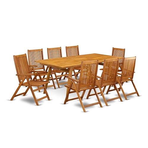 East West Furniture 9 Piece Outdoor Patio Dining Set Rectangle Acacia Wood Table & 8 Folding Adjustable Arm Chairs Natural Oil