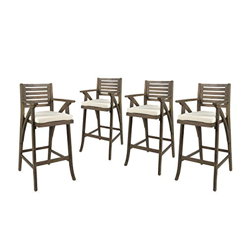 Christopher Knight Home Hermosa Outdoor Acacia Wood Barstool (Set of 4), Grey with Cream Cushion