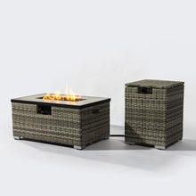 32 Inch Rectangular Propane Fire Pit Table with Wicker Base and Ceramic Top for Outdoor Patio Garden Use - Dark Gray (Beige + Ceramic Tile+Iron + Rattan+Metal + Rattan)