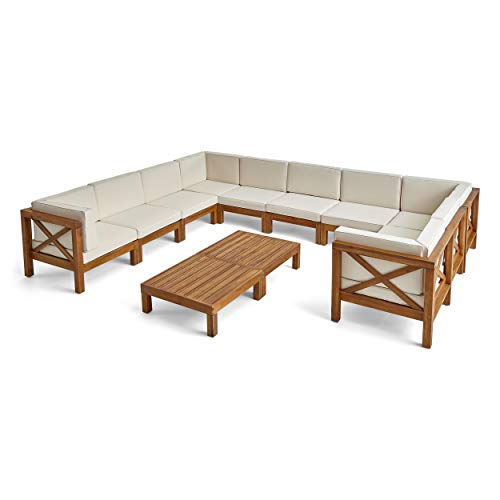 Christopher Knight Home Outdoor Acacia Wood 10 Seater U-Shaped Sectional Sofa Set with Two Coffee Tables, Teak and Beige