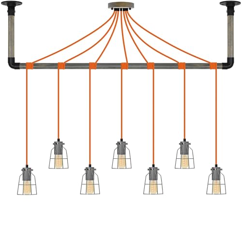 Orange and Steel Cage Industrial Pendant Light Wrap Grey Wood and Black Ceiling Bracket - Hangout Lighting - 7 Pendants