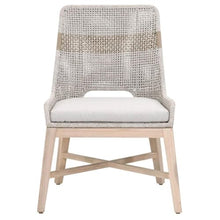 MAKLAINE Transitional Outdoor Dining Chairs, Set of 2, Gray Teak Wood Frame, Taupe and White All-Weather Fabric Cushions, Rope Pattern Seat Back, 34.5" H x 24.75" W x 23.5" D, Patio Seating