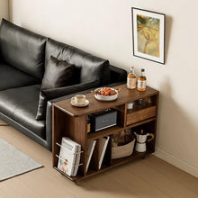 Chicken Couch End Table 90cm Walnut Color Side Table with Wheels & Drawers, Mobile Living Room Storage Furniture, for Sofa Side, Balcony, Bedroom etc Corner Tables for Living Room