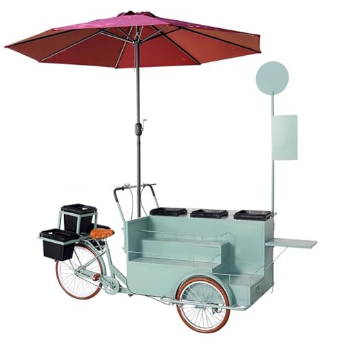 TT-YEL Heavy Duty Iron Commercial Float with Multi-Layer Irregular Display Rack, Adjustable Parasol, Multi-Functional Mobile Three-Wheel Service Vehicle, Outdoor Market Stall Scooter,Green