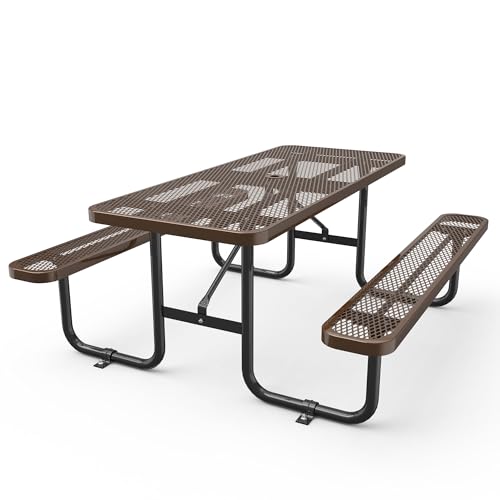 72" Heavy Duty Commercial Picnic Table, Outdoor Metal Picnic Table with Umbrella Hole, 1100 Lbs Capacity Table, Brown Weatherproof Park Bench Table for Garden Park School Restaurant Backyard