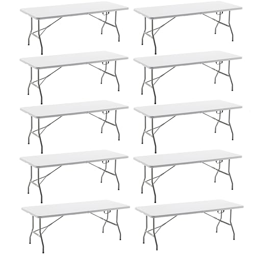 BTEXPERT Set of 10, Fold-in-Half Folding Utility Table 6 Feet 72" x 29.5" Lightweight Portable Carrying Handle Indoor Outdoor Picnic Camping Office Home Party Wedding Event White