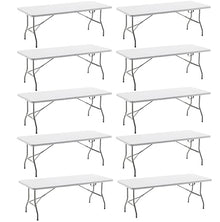 BTEXPERT Set of 10, Fold-in-Half Folding Utility Table 6 Feet 72" x 29.5" Lightweight Portable Carrying Handle Indoor Outdoor Picnic Camping Office Home Party Wedding Event White