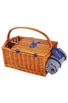 4 Person Handmade Wicker Picnic Basket Set Square Design with 59.1 x 59.1 in water-resistant Blanket - Kahve rengi ve mavi