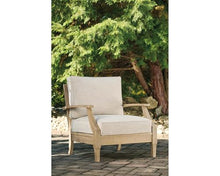 BOWERY HILL Outdoor Arm Chair, Beige Finish, Eucalyptus Wood Frame, All-Weather Nuvella Fabric Cushions, Slatted Design, 32" H x 30.5" W x 35.5" D, Durable Patio Seating for Relaxation