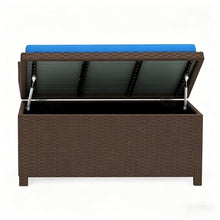 YZFfnte 2-in-1 Outdoor Wicker Storage Bench with Cushion - 34 Gallon Patio Deck Box with Gas Struts - Weather-Resistant Aluminum Garden Bench for Porch, Pool & Backyard
