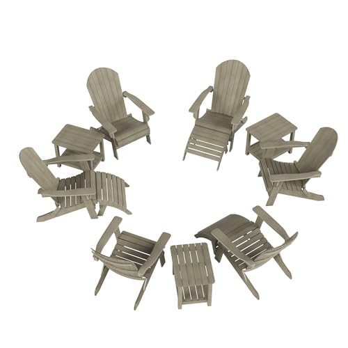 WestinTrends Tuscany 6 Person Folding Adirondack Seashell with Side Table and Folding Ottoman, Weathered Gray