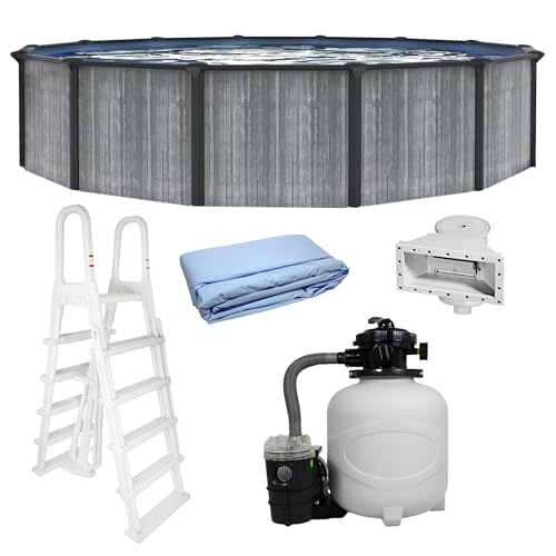 Blue Wave San Pedro 15-ft Round 52-in Deep Hard Sided Steel Frame Above Ground Pool with 6-in Steel Top Seats, 0.5 HP Sand Filter System, Ladder, Skimmer & Liner – 5,130-Gallon Capacity for Family Use