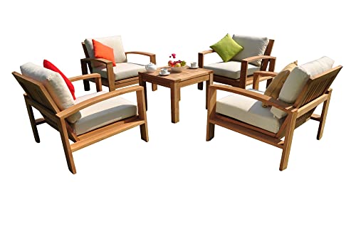 WholesaleTeak Madras 5 Pc Lounge Chair Set: 4 Lounge Chairs & Coffee Table with Sunbrella Cushions in Fabric #5404 Canvas Natural #12MD5