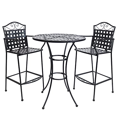 Sunnydaze 3-Piece Outdoor Wrought Iron Bar Chair and Table Set - Black