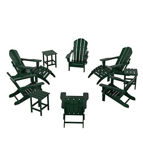 WO WESTIN OUTDOOR 6-Piece Folding Poly Lumber Adirondack Furniture Set with Side Tables and Ottomans Dark Green