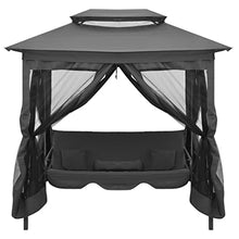 Outdoor 3-Person Convertible Swing Bench with Canopy, Anthracite Powder-Coated Steel Patio Bed, Backyard Garden Lounge Chair with Curtains and Pillows