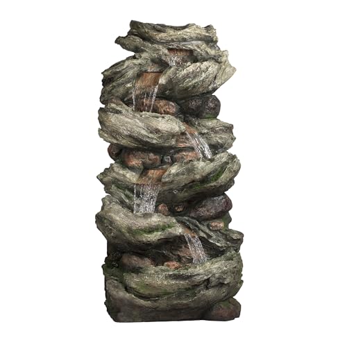 Alpine Corporation WIN1424 81" 5 Tier Rock Water Fountain with LED Lights – Natural Stone Look for Indoor/Outdoor Use, Elegant Cascading Water Feature for Gardens, Patios, or Living Room, Brown