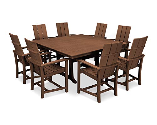 POLYWOOD Modern Adirondack 9-Piece Farmhouse Dining Set, Teak - Outdoor Patio Furniture for 8 People, HDPE Lumber Construction, Sqaure Table with 8 Chairs