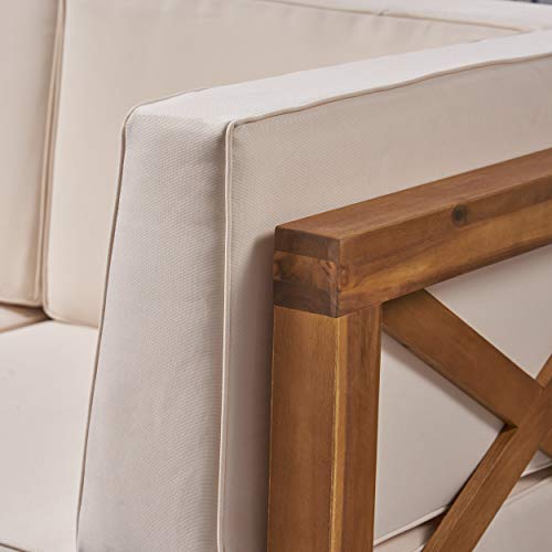 Great Deal Furniture Outdoor Sectional Loveseat Set with Coffee Table 2-Seater Acacia Wood Water-Resistant Cushions Teak Finish + Beige