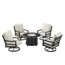 Oakland Living Black Aluminum Patio Fire Table Set with Four Club Chairs with Light Grey Cushions