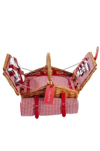 4 Person Handmade Wicker Picnic Basket Set Gingham Design with Insulated Compartment and water-resistant Blanket - Kahve rengi ve kırmızı