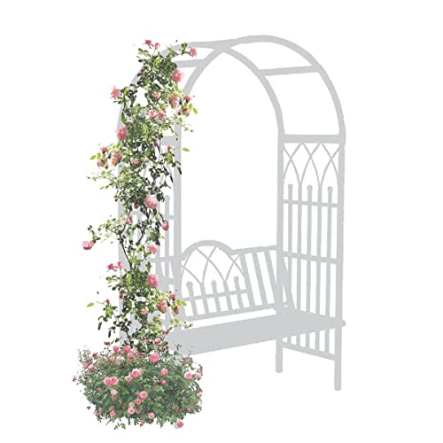 OREKPOT Garden Arch with Seat for 2 People, Metal Arbor Trellis Arbour Archway with Bench for Climbing Gardening Outdoor Garden Lawn Backyard Patio，White