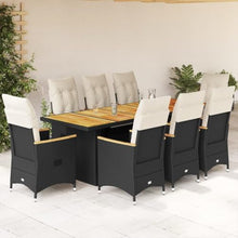 vidaXL 9 Piece Garden Bistro Set with Cushions Black Poly Rattan Dining Seating for 8 Outdoor Furniture Table and Chairs Patio Seater Reclining