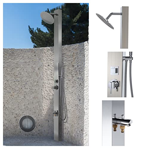 Milan Silver 316 Marine Grade Stainless Steel Massage Outdoor Shower Panel Swimming Pool Backyard Hot & Cold Rainfall Wall Mounted or Free Standing Outside Shower