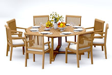 TeakFurnitureOutlet A-Grade Teak 9pc Dining 72" Round Table 8 Sack Arm Chairs Set Outdoor Patio
