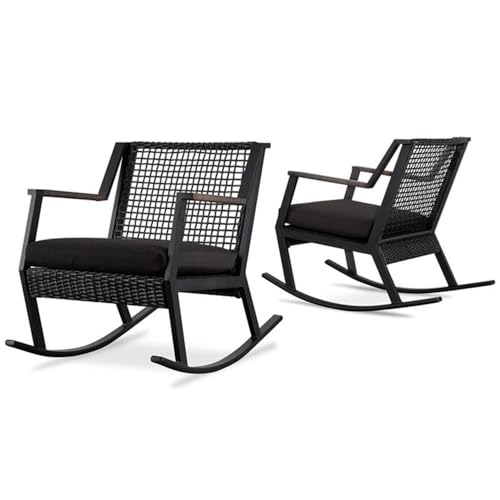 Afuera Living Contemporary Aluminum Patio Rocker, All-Weather Outdoor Chair with Rust-Resistent Frame and Three Layer Foam Seat Cushion in Black (Set of 2), for Garden, Porch, 36.6" D x 25" W x 31" H