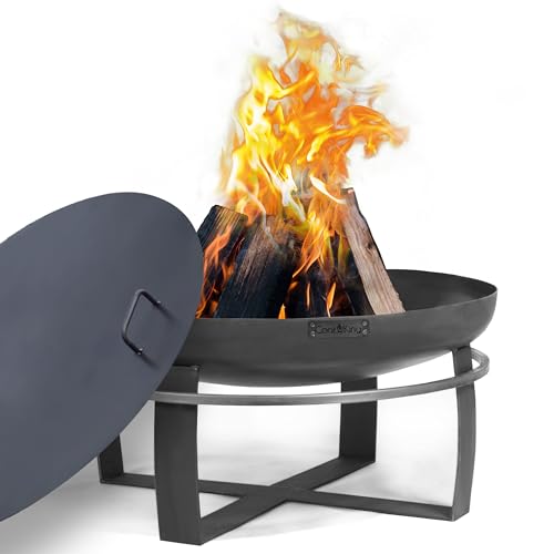Ignition 24" Cooking Fire Pit with Powder Coated Black Cover Lid and Wood Burning Fireplace for Backyard Bonfire Campfire for Outside, Medium Outdoor Steel Firepit by Good Directions