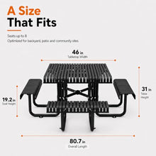 46" Square Outdoor Picnic Table with Slotted Steel Tabletop & Benches, Carbon Steel Construction, 80" Overall Length, Durable & Easy to Clean, Ideal for Backyard, Patio, Family Barbecues, Black