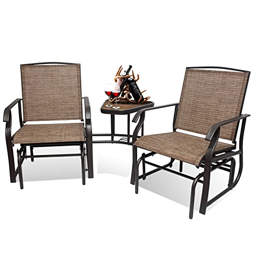 2-Person Patio Glider Chair, Outdoor Rocking Loveseat with Sling Fabric Textilene, Glider Bench with 2 Seats, Rocking Chair Swing and 1 Center Table with Umbrella Hole for Poolside, Porch, Backyard