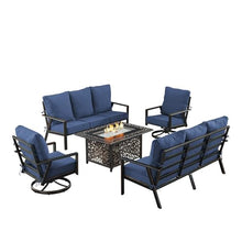 Oakland Living Black Aluminum Patio Fire Table Set with Two Deep Seating Sofa with Cushions and Two Club Chairs with Blue Cushions