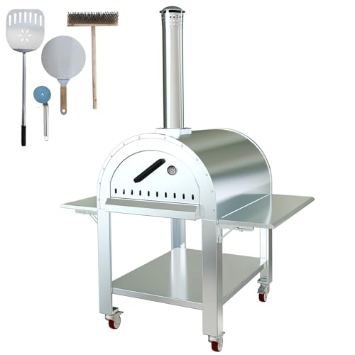 32 x 32 Inch Wood Fired Pizza Oven Outdoor, Large Charcoal Pizza Maker with Wheels & Full Accessories - 160QT Capacity | Portable Stainless Steel Pizza Oven for Backyard, Restaurant, Patio, Camping
