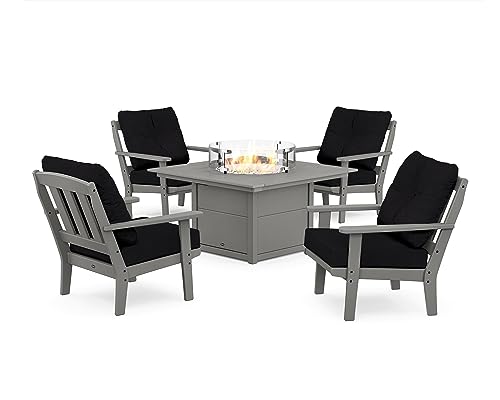 Trex Outdoor Furniture Cape Cod 5-Piece Deep Seating Set with Fire Pit Table in Stepping Stone/Midnight Linen