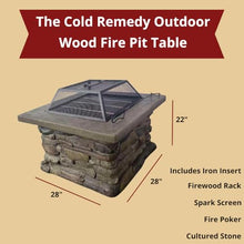 The Cold Remedy Wood-Powered Outdoor Fire Pit Table with Cultured Stone, Iron Insert, Firewood Rack, Spark Screen & Poker