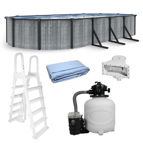 Blue Wave San Pedro 12x24-ft Oval 52-in Deep Hard Sided Steel Frame Above Ground Pool with 6-in Steel Top Seats, 0.5 HP Sand Filter System, Ladder, Skimmer & Liner – 6,300 Gallon Cap for Family Use
