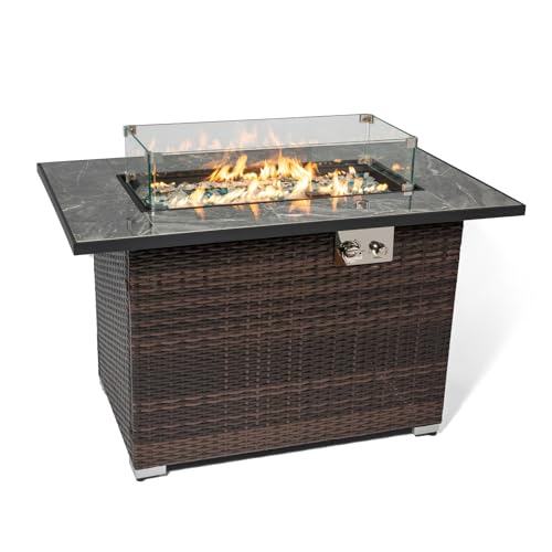 Propane Fire Pit Table, Outdoor Fire Table Rectangle 50000 BTU, 43 Inch Gas Fire Pit for Outside Patio with ETL-Certified, Auto Ignition, Ceramic Tabletop, Glass Wind Guard, Cover, Brown Wicker