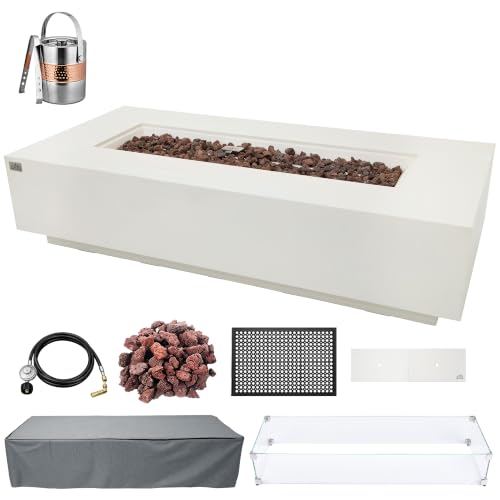 AMS 72" Rectangular Concrete Natural Gas Fire Pit Table Bundle Cream/White