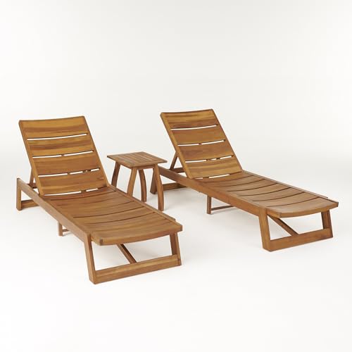 Christopher Knight Home Outdoor Acacia Wood 3 Piece Chaise Lounge Set Teak + Yellow