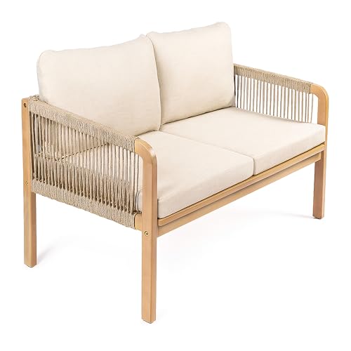 JONATHAN Y Arwen Bohemian 49" Acacia Outdoor Loveseat, Beige/Light Teak
